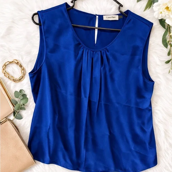 Calvin Klein Royal Blue Sleeveless Blouse Size XL Pleated Neck Career Top - Picture 2 of 6